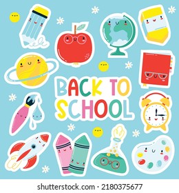 Set of stickers kawaii cartoon school supplies. Back to school vector character