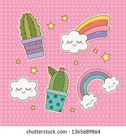 Set Of Stickers Kawaii Clouds And Rainbow