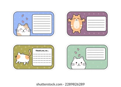 Juego de stickers con gatitos kawaii. Tarjeta de saludo para notas de amor, cartas, recordatorios. Copiar espacio. Para el diseño de diarios, cuadernos, notas, escritorio. Productos de impresión. Ilustración del vector