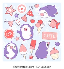 Set of stickers in kawaii style. Collection of cute penguins, desserts, ice cream, fish, star, heart. Vector illustration EPS8  