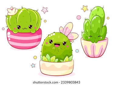 Set of stickers in kawaii style. Collection of cute cartoon cactus in flowerpot. Vector illustration EPS8  