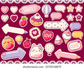 Set of stickers in kawaii style. Cute eye-catching tag, label with cake, heart, index arrow, ice cream. Collection of cozy sticker. Can be used for t-shirt print, sticker, greeting card. Vector EPS8