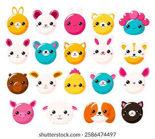 Set of stickers in kawaii style. Cute eye-catching tag, label with cute faces of kitty, dog, bunny, bear, mouse, emoji. Collection of trendy sticker with cartoon characters. Vector illustration EPS8