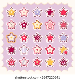 Set of stickers in kawaii style. Cute eye-catching tag, label with star. Collection of cozy star-shaped sticker. Can be used for t-shirt print, sticker, greeting card. Vector illustration EPS8