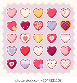 Set of stickers in kawaii style. Cute eye-catching tag, label with heart. Collection of cozy heart-shaped sticker. Can be used for t-shirt print, sticker, greeting card. Vector illustration EPS8