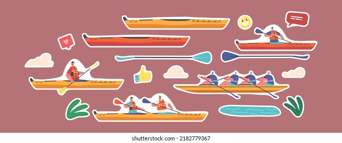 Set of Stickers Kayaking, Canoeing or Rafting Sport. Sportsmen Rowing in Kayaks, Extreme Activity, Water Sports Games Dual Team Rowing. People Row In Boat with Paddles. Isolated Cartoon Vector Patches