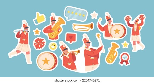 Set von Aufklebern Kinder Band in roter Uniform Marching auf Parade. Mädchen und Jungen spielen Musik mit Drum, Brass Horn, Flute und Tuba, Kinder März isolierte Patches Pack. Cartoon-Vektorgrafik