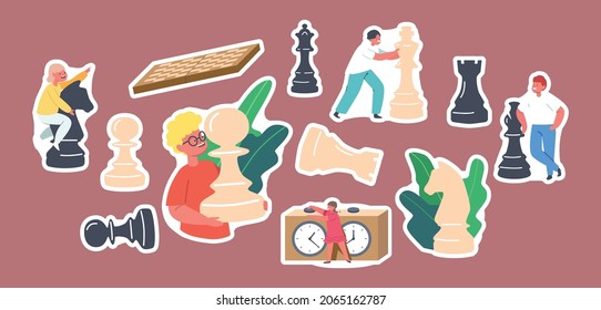 Set of Stickers Kids Playing Chess in Club, Little Children with Huge Figures on Chessboard Enjoying Logic Activities and Game. Characters Education or Hobby. Cartoon People Vector Illustration