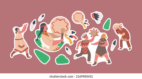 Set of Stickers Kids Playing Native American Indians. Cute Boys and Girls Characters Wearing Indian Costume and Feathered Headdress Playing Drums and Dance. Cartoon People Vector Illustration, Patches