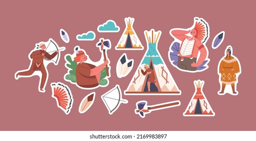 Set of Stickers Kids Playing Native American Indians. Boys and Girls Characters with Bow, Axe, Wearing Indian Costumes and Feathered Headdress, Wigwam Tent. Cartoon People Vector Illustration, Patches