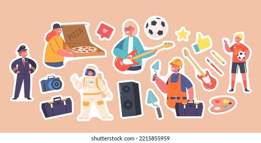 Juego de Stickers Kids Professions Builder, Pizza Courier, Astronauta, Música, Piloto y Jugador de Fútbol. Los Niños Imaginan Una Ocupación Futura En Parches Aislados. Ilustración del vector de dibujos animados, paquete