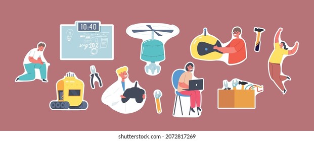 Set of Stickers Kids Programming and Creating Robots . Engineering Class for Kids, Children Learn Science, Mechanic Activities, Early Development Classes Education. Cartoon People Vector Illustration