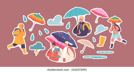 Juego de stickers niños caminan bajo el paraguas, personajes de niños y niñas con mochila caminando por charcos en el clima lluvioso hasta el colegio. Temporada Otoño, Monzón, Predicción de Tormenta. Patrullas de vectores de personas de dibujos animados