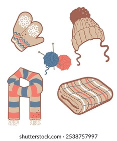 Set of stickers with knitted items. Hat, mittens, blanket, knitting needles and knitting threads on a white background.