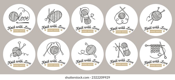Set of stickers Knitting. knitting needles with skeins of yarn and lettering Knit with love. Hobby icons, logo, vector svg