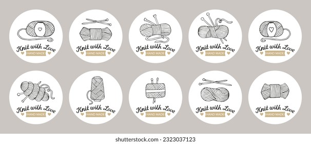 Set of stickers Knitting. knitting needles with skeins of yarn and lettering Knit with love. Hobby icons, logo, vector