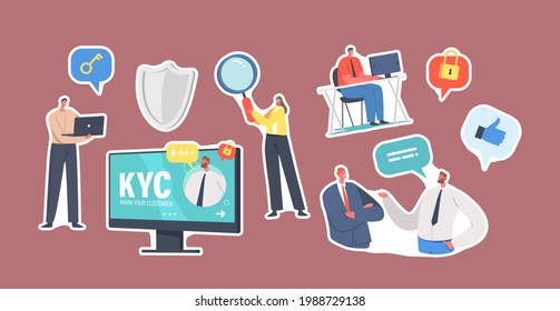 Set of Stickers Kyc, Know Your Customer Theme. Tiny Businesspeople Characters with Huge Magnifying Glass, Laptop, Shield and Lock, Colleagues Chatting, Working. Cartoon People Vector Illustration