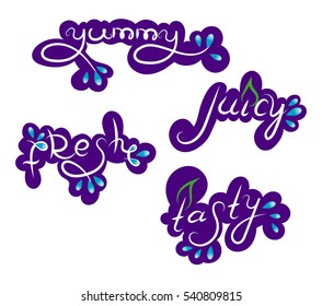 Set of Stickers, Label, Yummy, Juicy, Fresh, Tasty, Violet, Vector Illustration EPS10