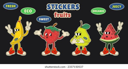 A set of stickers, labels with cute fruits: banana, pear, strawberry, watermelon. Cartoon funny comic characters are fruit mascots in a fashionable retro style of the 70s. Vector illustration.