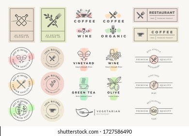 Set of stickers and labels for food and drink. Vector illustrations for graphic and web design, marketing material, restaurant menu, natural and organic products presentation, packaging design.