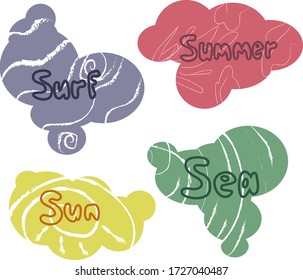 Set of stickers and labels of Summer Sun Surf Sea with trendy ornament backgrounds.