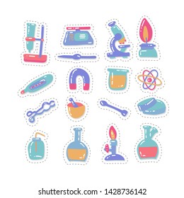 Set stickers of laboratory equipment in flat color cartoon style. Hand drawn childish chemistry and science icons set. Elements, tools, test-tube. Reactions research, education, medical stuff.