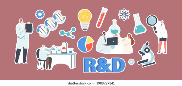 Set of Stickers Laboratory Research and Development Theme. Scientist Characters Conduct Experiment in Lab, DNA, Test Tubes and Statistics Pie Chart, Light Bulb. Cartoon People Vector Illustration