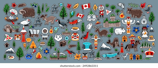 Set of stickers with landmark symbols of Canada. For printing, for souvenirs, 