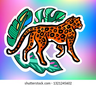 Set of stickers with leopard and tropical leaves. Wild cat. Monstera leaf. Isolated on holographic background.