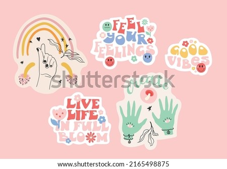 Set of stickers with lettering about 70s. Vector. Cute designs in pastel colors.