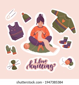 Set of stickers with a lettering, cute girl knitting a scarf and a knitted clothes. Vector colorful illustration in flat style.