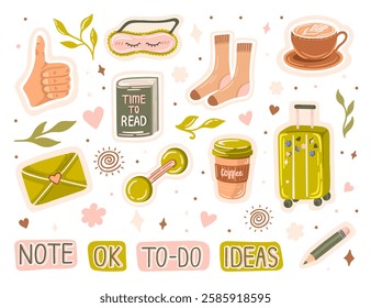 Set of stickers and lettering for diaries and bullet journaling. Trendy elements for daily and weekly planners and routine inspiration. Vector.