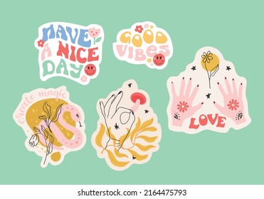 Set of stickers with lettering and illustrations about 70s. Vector stickers.