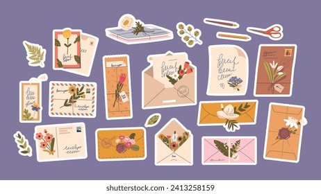 Set Of Stickers Letters And Envelopes Adorned With Delicate, Colorful Flowers Add A Touch Of Charm And Elegance