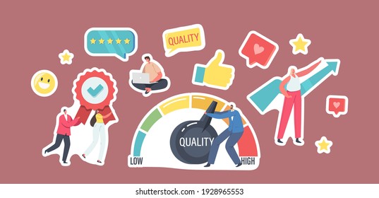 Set of Stickers Level Quality Improvement Theme. , Geschäftsmann Pull Huge Lever Arm, zufriedene Kunden Top Evaluation Rate. Arrow und wirbeln auf. Effizienz, Erfolg. Vektorgrafik von Cartoon People