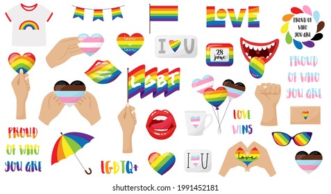 A set of stickers, an LGBTQ icon set. Symbols associated with pride Month in LGBT flag colors. Lips, hand holding a heart, flags, umbrella, glasses, lettering, rainbow. Vector. Isolated on white
