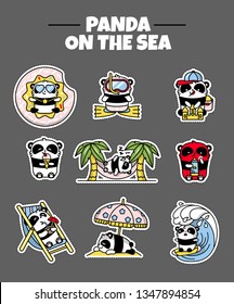 A set stickers of little cute pandas on a summer holiday. Beach party. Vector flat color illustration in linear style on white background. Kawai bear.