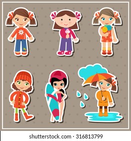 Set of stickers with little girls. Vector illustration