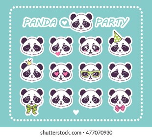 Set stickers little Panda Bear with different emotions. Very Cute Pandas. Isolated for design.  Collection elements for your design. The concept of children's. Vector Illustration.