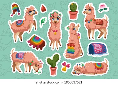 Set of stickers with Llama, Peru alpaca animal cartoon character. Mexican Lama mascot with cute face wear tassels on ears and blanket sitting, sleeping, grazing and stand isolated cut out patches