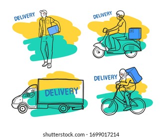 set of stickers and logos for a website with online delivery. Delivery to your home. Contactless delivery on different types of transport and in different ways. Fast speed. For your online store busin