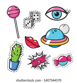set of stickers lollipop dice eye lips cactus candy decoration pop art elements vector illustration