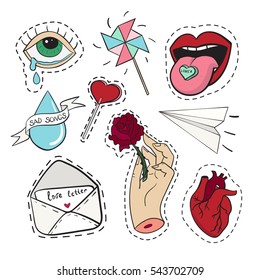 Set of stickers in love emotions, heart, lips, tears, letter, paper airplane over white background.