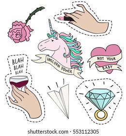 Set of stickers in love emotions, heart, flower, hands, ring and unicorn over white background.