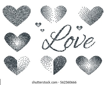 Set of Stickers love and heart. Black color. Halftone Design. Vector illustration