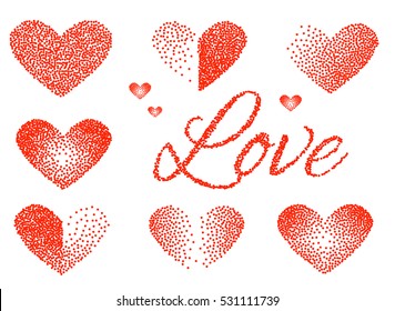 Set of Stickers love and heart. Halftone Design. Vector illustration