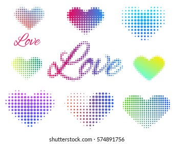 Set of Stickers love and heart. Halftone Design. Vector illustration