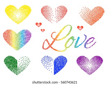 Set of Stickers love and heart. Rainbow colors. Halftone Design. Vector illustration