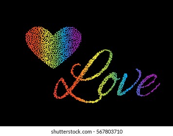 Set of Stickers love and heart. Rainbow colors. Halftone Design. Vector illustration
