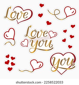 A set of stickers with a love theme in gold and red. Handwritten hearts and heart balloons. Modern brush ink calligraphy. Valentine's Day, declaration of love, wedding. Inscriptions: love, love you.